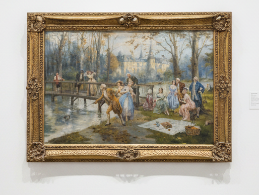 GILT FRAME OIL PAINTING "THE PICNIC" SIGNED ALBERTO PEREZ
