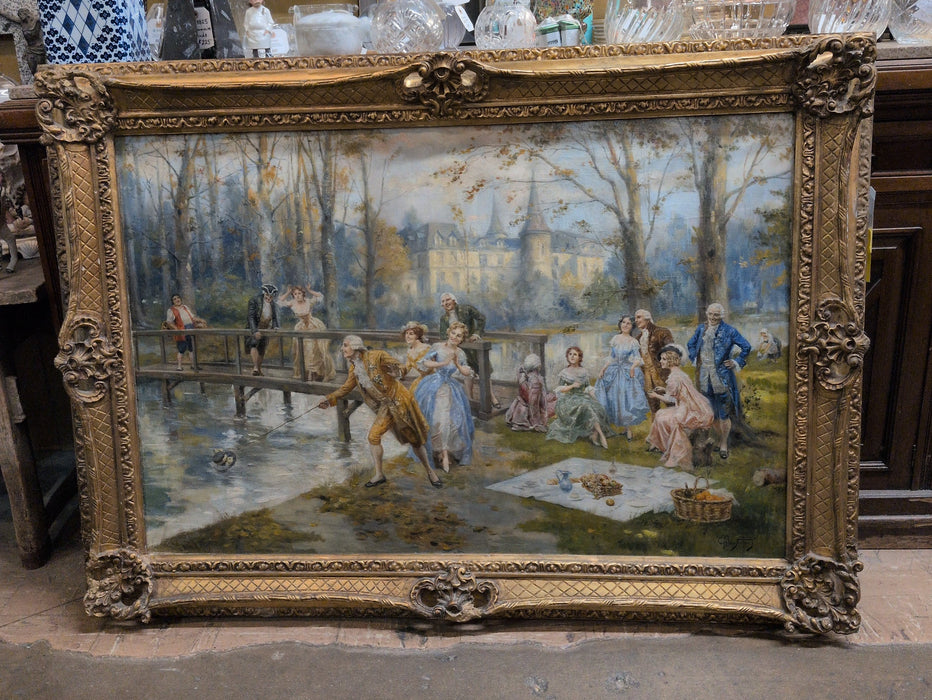 GILT FRAME OIL PAINTING "THE PICNIC" SIGNED ALBERTO PEREZ
