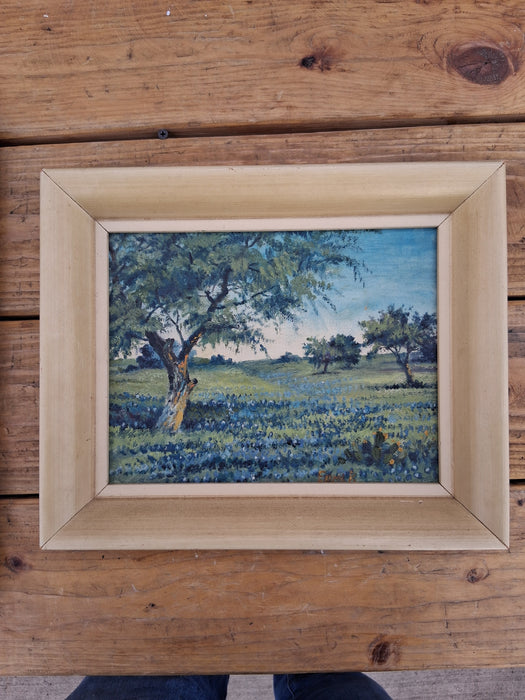 SMALL FRAMED BLUE BONNET OIL PAINTING SIGNED EDNAK