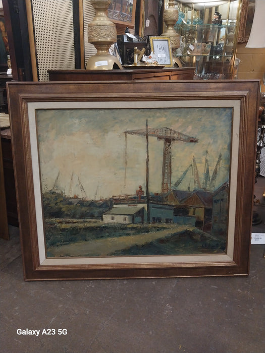 LARGE SHIP YARDS OIL PAINTING