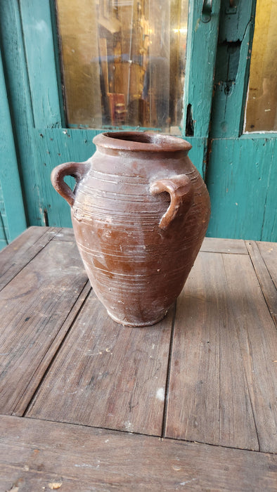 RIBBED AND GLAZED TERRA COTTA VASE WITH TWO HANDLES