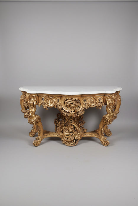 GILTWOOD CHERUB CONSOLE WITH MARBLE TOP