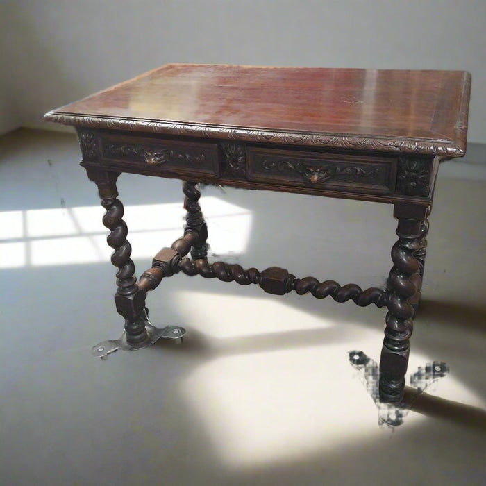 SMALL DARK OAK FRENCH BARLEY TWIST LIBRARY TABLE