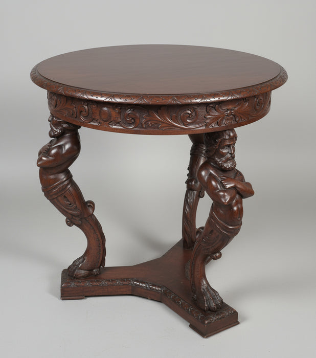 DARK ROUND OAK ATLANTES CARVED LAMP TABLE