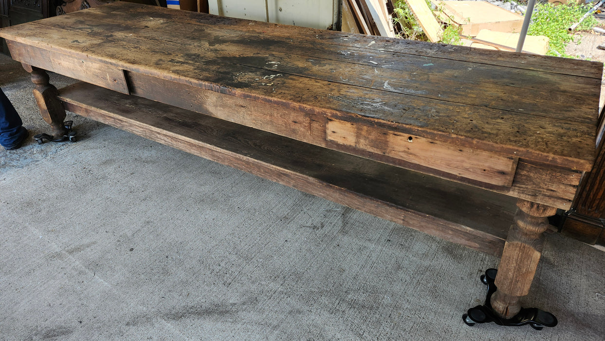 LONG LOW WORK TABLE WITH DRAWERS AND STRETCHER SHELF