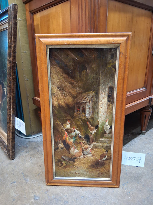 19TH CENTURY SMALL OIL PAINTING OF CHICKENS- SIGNED PAUL DE VILLERS
