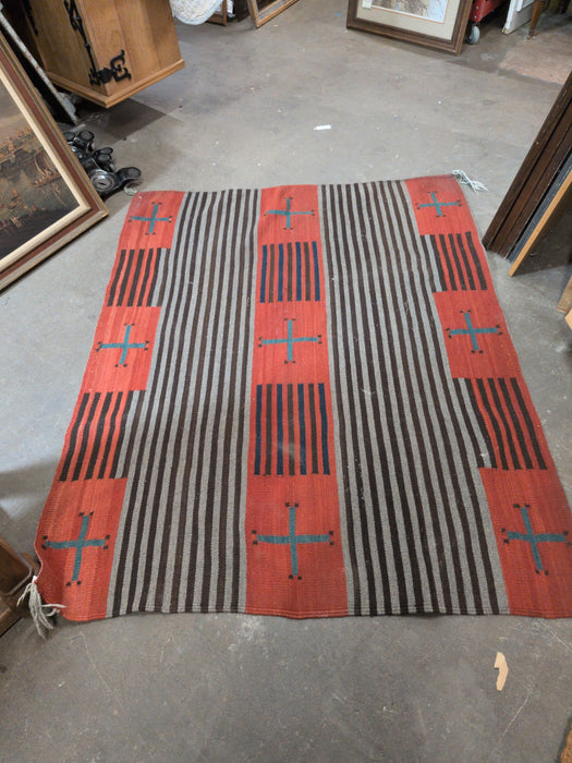 RED, BLACK AND GREY FLAT WEAVE RUG