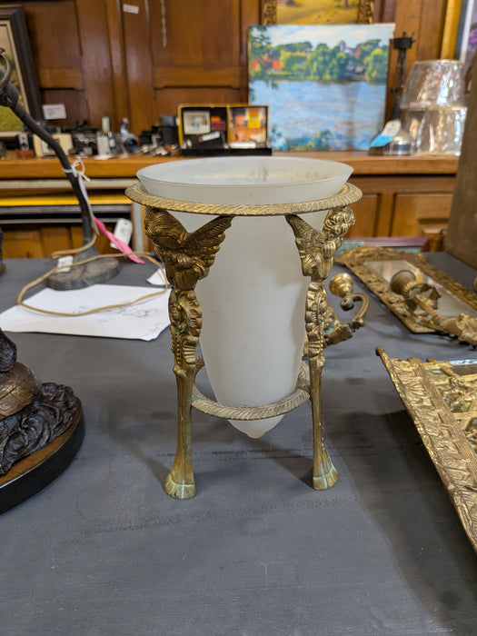 BRASS AND GLASS CHERUB TRI LEG VASE