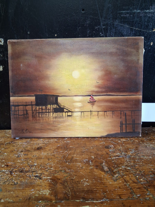 UNFRAMED SUNSET OIL PAINTING WITH BOAT SIGNED LE ORA