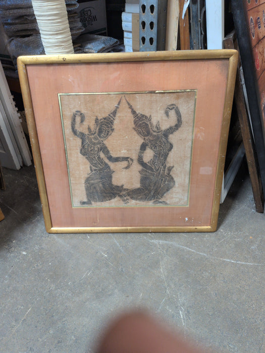 FRAMED INDIAN TEMPLE RIBBING UNDER GLASS