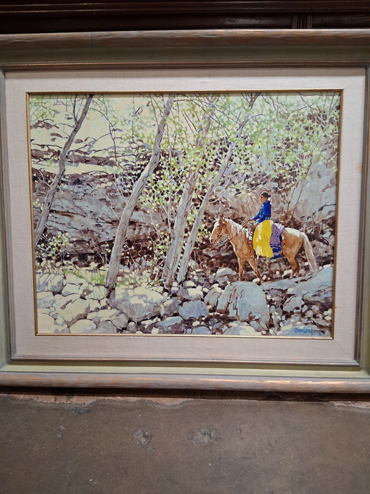 SILVER FRAMED NAVAJO INDIAN LADY OIL PAINTING SIGNED ROSS STEPHENS