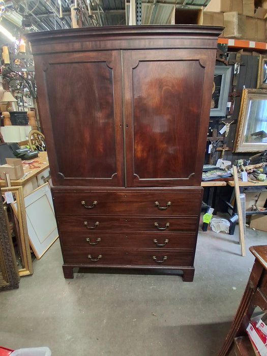 LARGE ENGLISH MAHOGANY LINEN PRESS ON CHEST WITH PULL OUT DESK