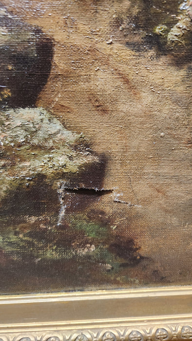 GOLD FRAMED VERTICAL OIL PAINTING OF LADY IN WOODS