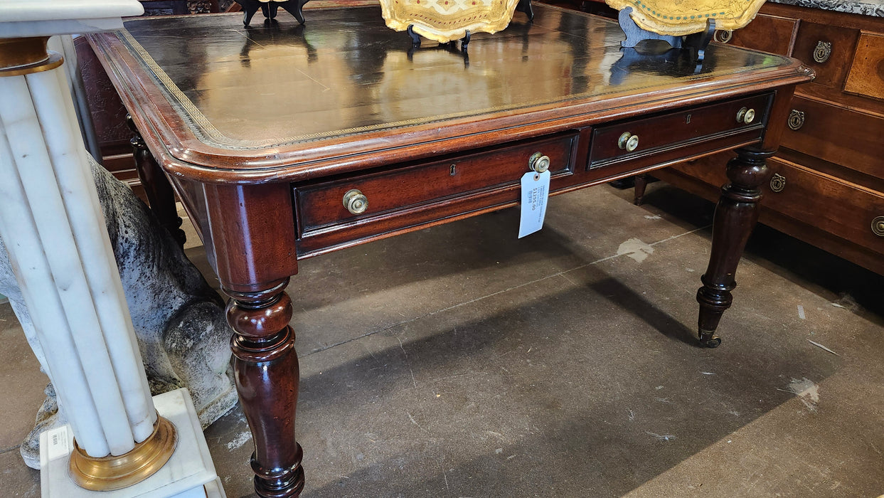 ENGLISH MAHOGANY WITH BLACK LEATHER TOP LIBRARY TABLE