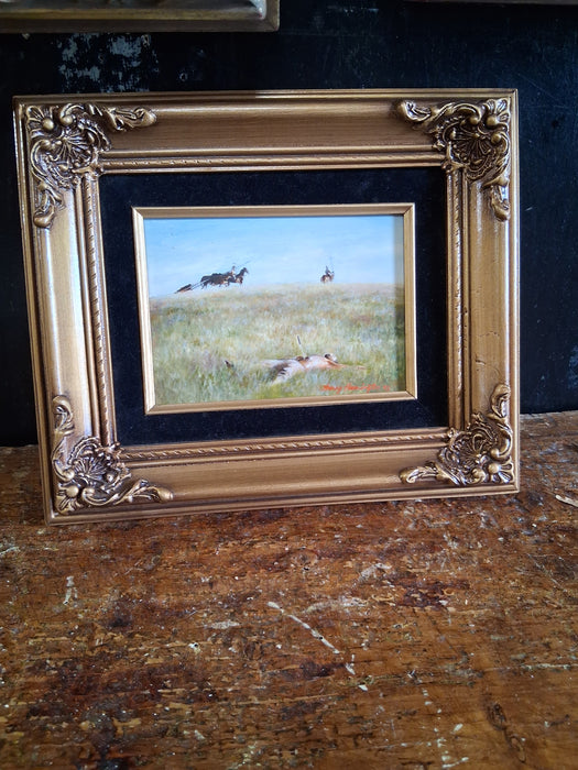 SMALL FRAMED OIL PAINTING ON BOARD OF INDIANS KILL A WHITE MAN SIGNED SHERRY HERRINGTON CIRCA 1993