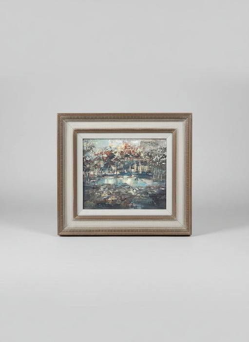 FRAMED IMPRESSIONIST OIL PAINTING OF A TREE LINED POND SIGNED DAVID BROWNLOW