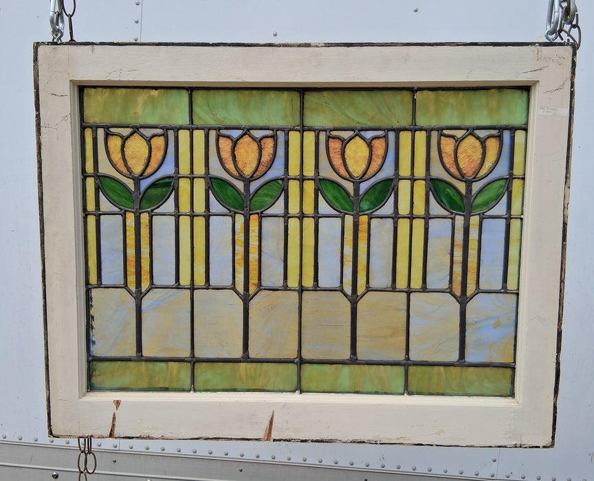 STAINED GLASS WINDOW WITH TULIPS