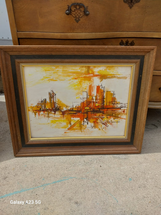 FRAMED MID CENTURY CITY SCAPE IN ORANGE  AND YELLOW