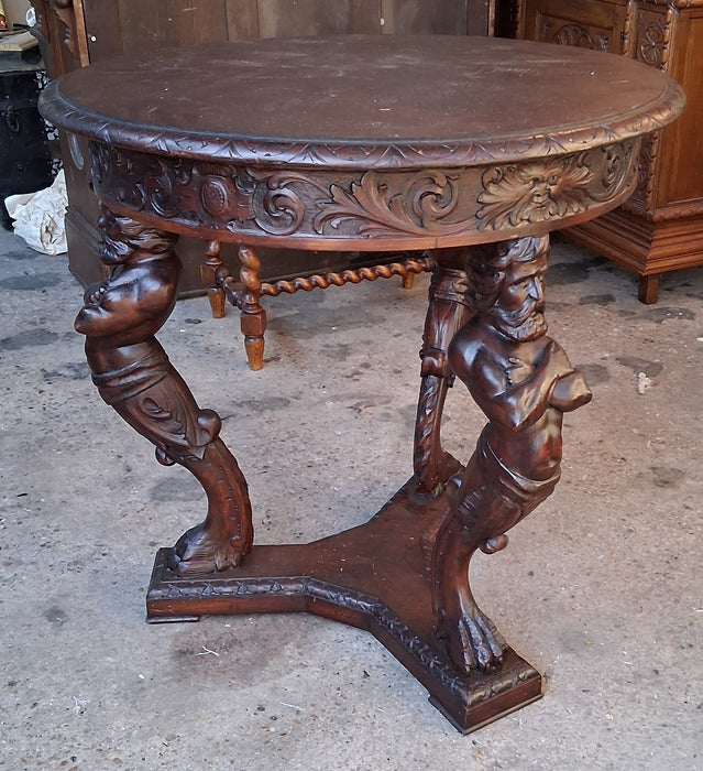 DARK ROUND OAK ATLANTES CARVED LAMP TABLE