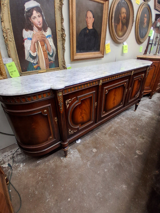 LOUIS XVI CURVED END MAHOGANY MARBLE TOP SIDEBOARD