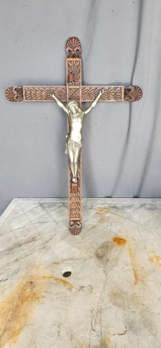 CARVED OAK AND CHROME CRUCIFIX