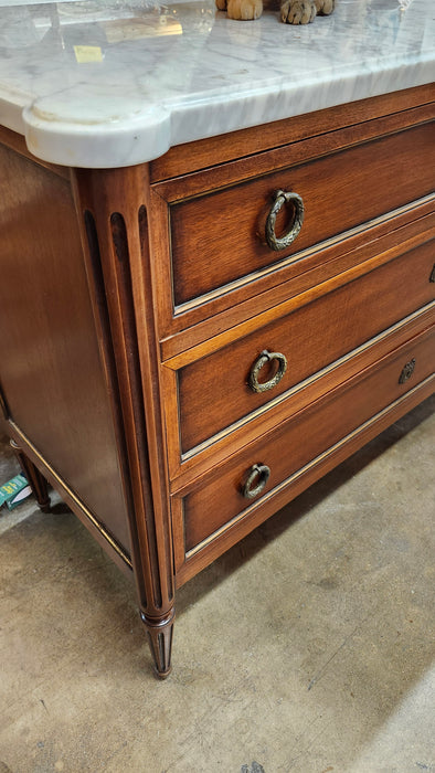 VINTAGE LOUIS XVI MAHOGANY WHITE MARBLE TOP CHEST
