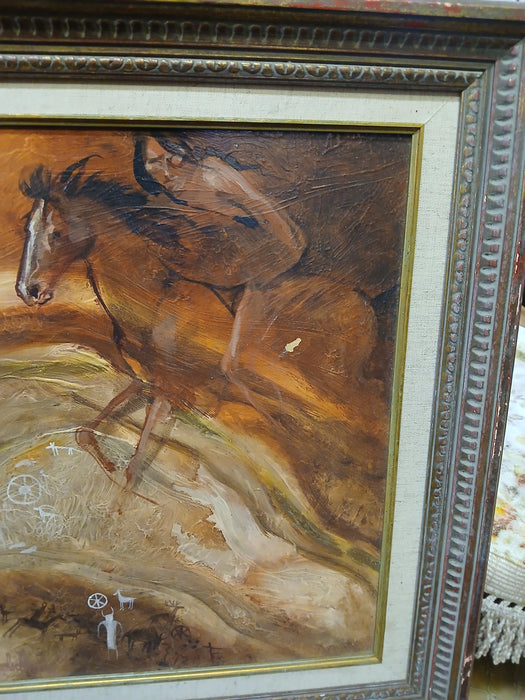 FRAMED OIL PAINTING OF AN INDIAN ON HORSEBACK-AS FOUND