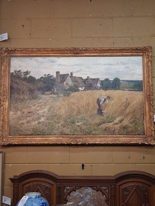 LARGE GILT FRAMED WHEAT HARVESTER OIL PAINTING SIGNED JOHN CHATAEU CLAYTON ADAMS