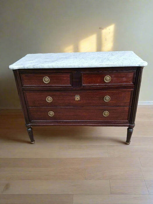 LOUIS XVI DARK MARBLE TOP 4 DRAWER CHEST WITH RIG PULLS