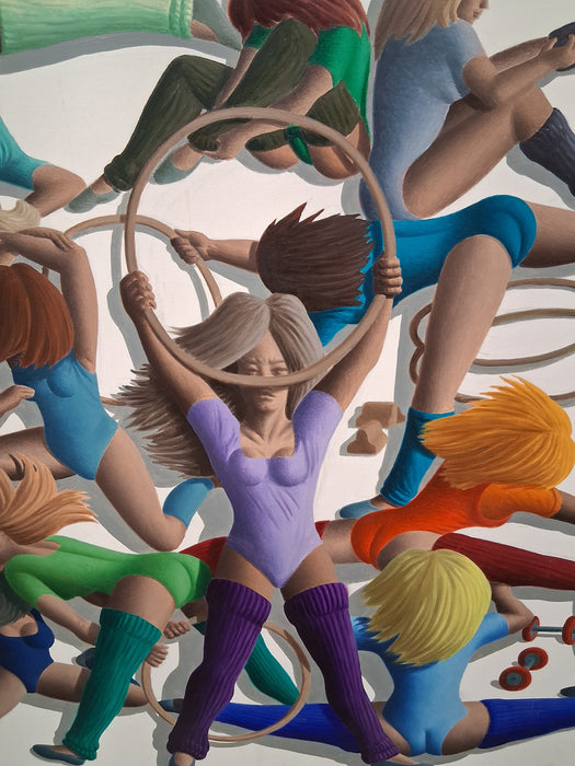 LARGE FRAMED COLORFUL GIRL AEROBICS PAINTING BY PAOLO SALVADOR-ITALIAN