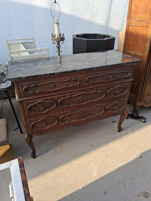 AS FOUND BLACK LOUIS XV MARBLE TOP 3 DRAWER CHEST