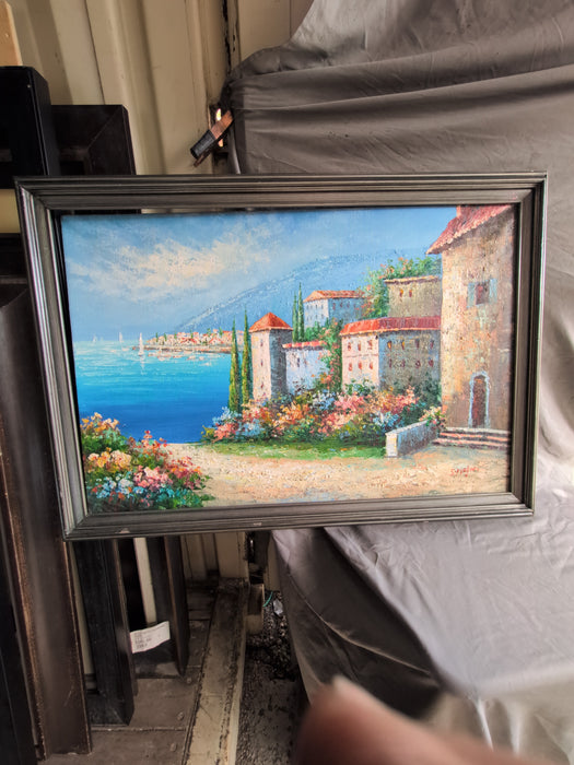 FRAMED MEDITERANIAN VILLA IMPRESSIONIST OIL PAINTING