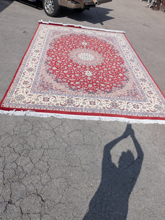 HUGE RED, YELLOW AND BLUE HANDMADE PERSIAN RUG WITH WHITE FRINGE