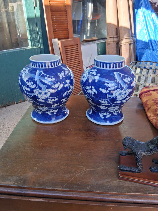 PAIR OF OLD BLUE AND WHITE GINGER JARS