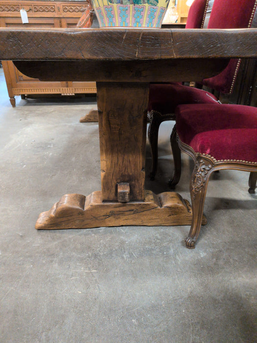 EARLY WIDE PLANK TOP PEGGED OAK TRESTLE TABLE