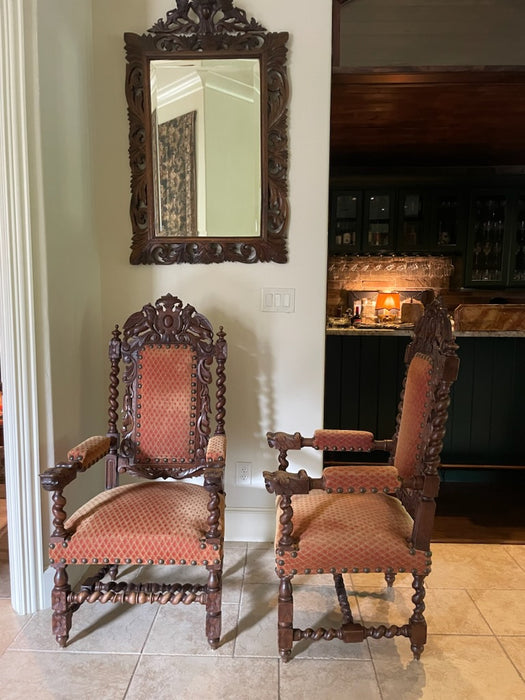 PAIR OF FRENCH BARLEY TWIST OAK ARM CHAIRS WITH ORANGE UPHOLSTERY
