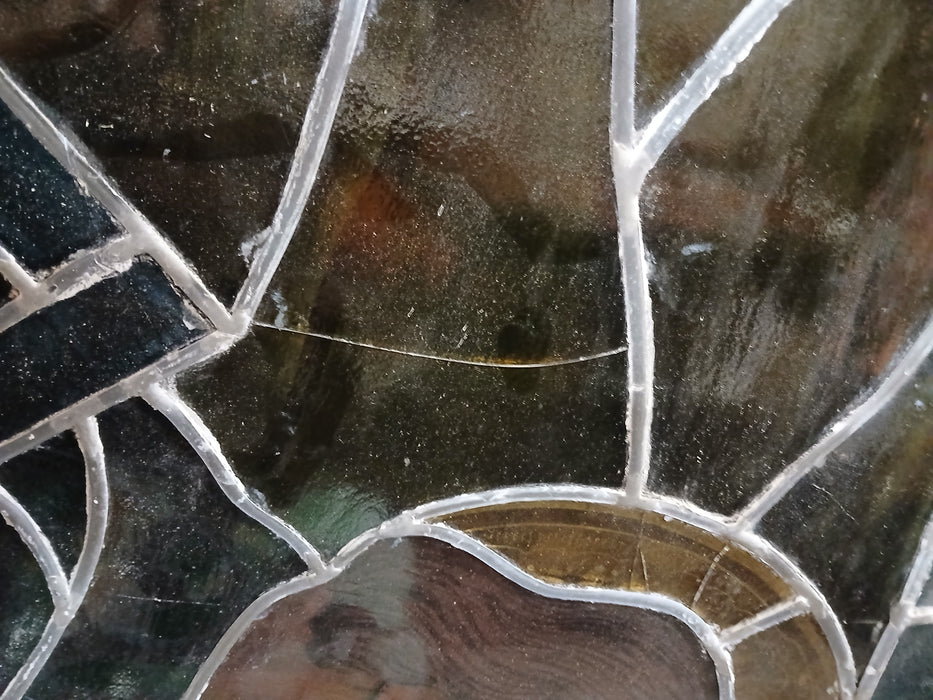 LARGE PAINTED AND STAINED GLASS WINDOW WITH WITH JOSEPH WITH LILY AD SQUARE  AS FOUND