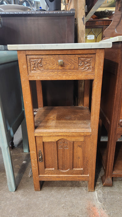 WHITE MARBLE TOP ARTS AND CRAFTS NIGHT STAND