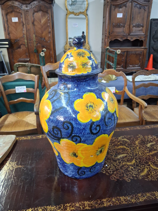 HAND PAINTED ORANGE AND BLUE URN WITH LID