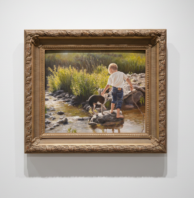 FRAMED OIL PAINTING OF A BOY AND DOG BY A STREAM SIGNED SHERRY HERRINGTON CIRCA 1997