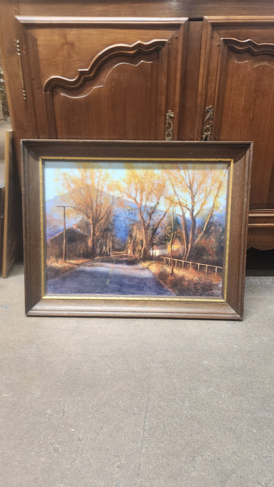 WOOD FRAMED VILLAGE SCENE AT DAY BREAK WITH GOLD LINER - SIGNED