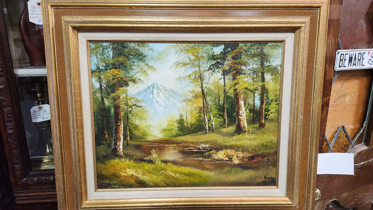FRAMED LANDSCAPE OIL PAINTING OF TREES AND A MOUNTAIN SIGNED HENRY