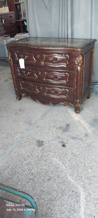 LOUIS XV MARBLE TOP DARK OAK THREE DRAWER CHEST