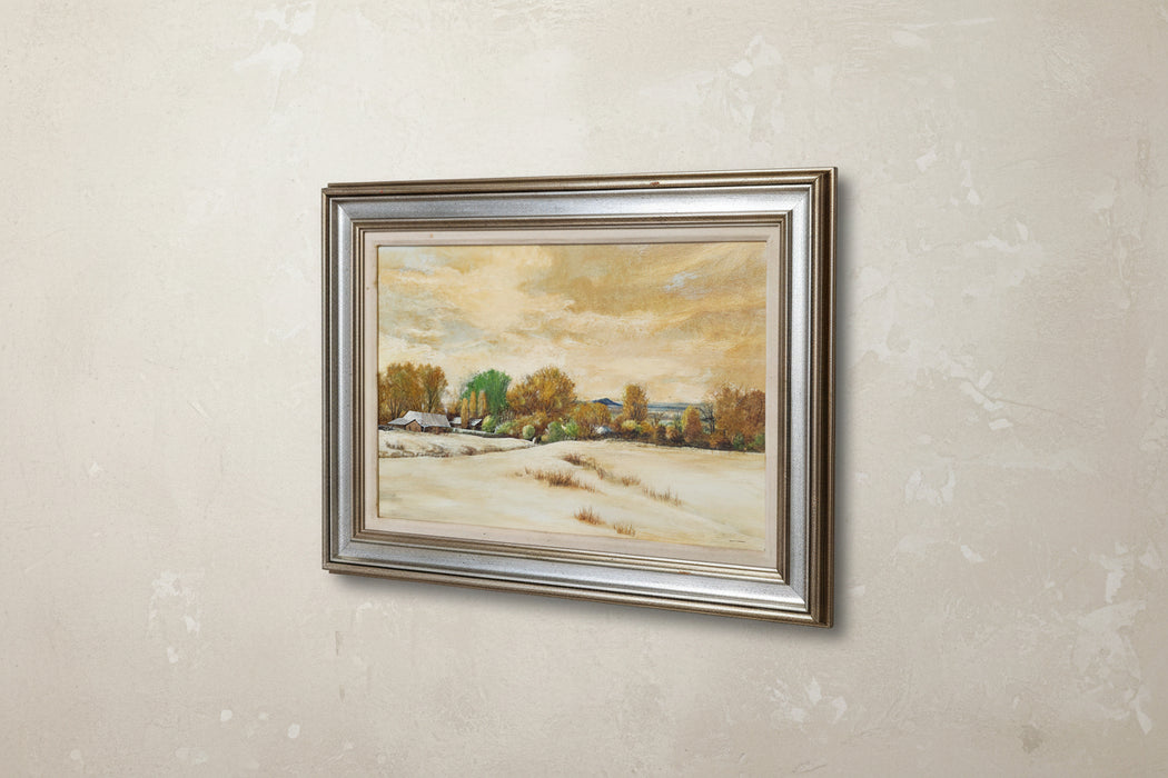LARGE FRAMED YELLOW TONE LANDSCAPE OIL PAINTING WITH BARN SIGNED JACKSON HENSLEY