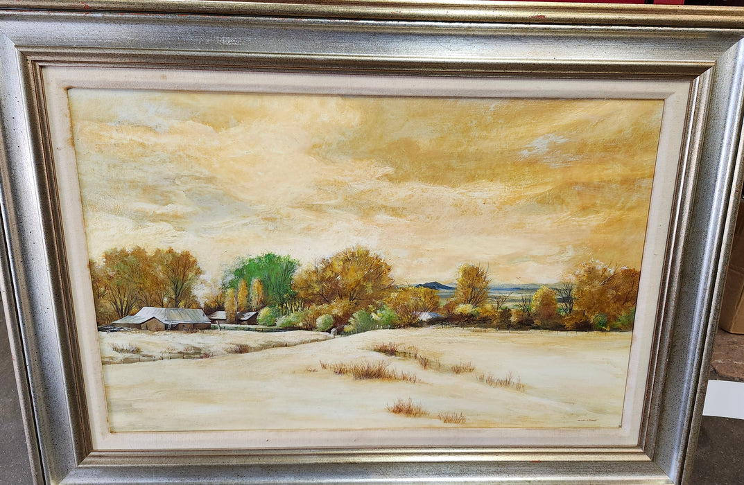LARGE FRAMED YELLOW TONE LANDSCAPE OIL PAINTING WITH BARN SIGNED JACKSON HENSLEY