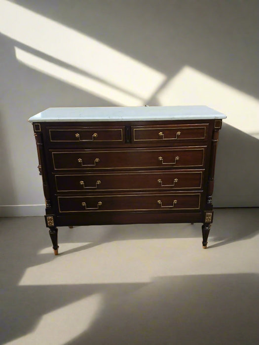 SHALLOW 5 DRAWER LOUIS XVI MAHOGANY MARBLE TOP CHEST WITH BRASS TRIM