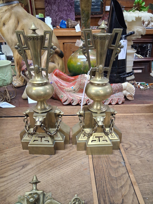 ORNATED BRASS ANDIRON SET WITH LIONS