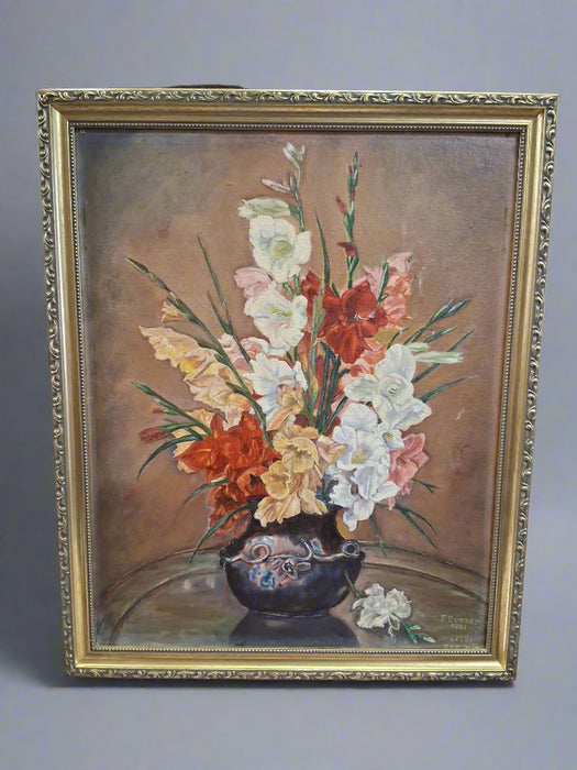GILT FRAMED STILL LIFE OIL PAINTING SIGNED T. BOOKER 1961