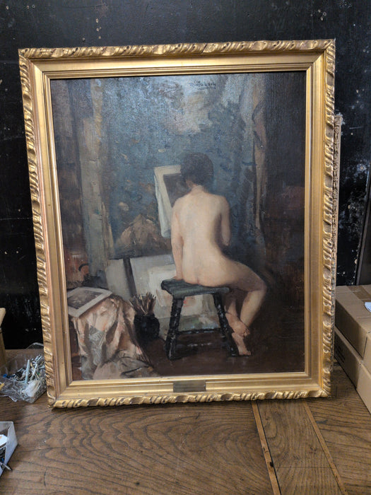 GOLD FRAMED OIL PAINTING OF WOMAN DOING ART - SIGNED
