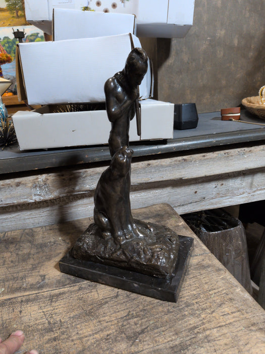 BRONZE STATUE OF AN INDIAN FLUTE PLAYER WITH MOUNTAIN LION SIGNED EDWIN DEMING 38 OF 100